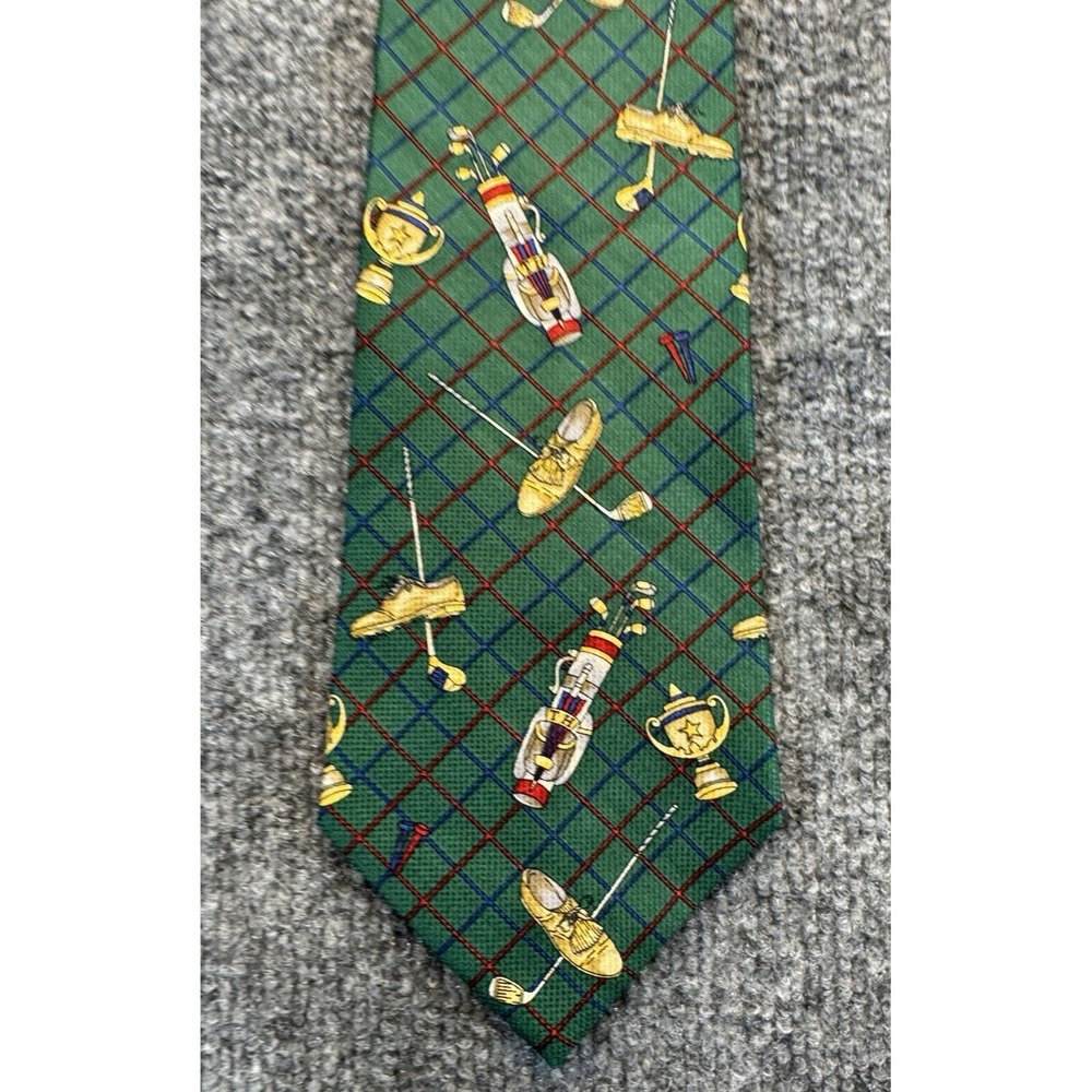 Tommy Hilfiger Silk Golf Novelty Tie – Green Plaid with Clubs, Shoes & Trophy